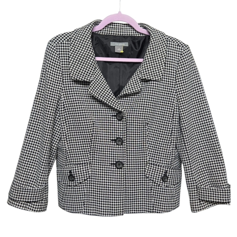 Ann Taylor Houndstooth Blazer Jacket Sz 10 Black & White